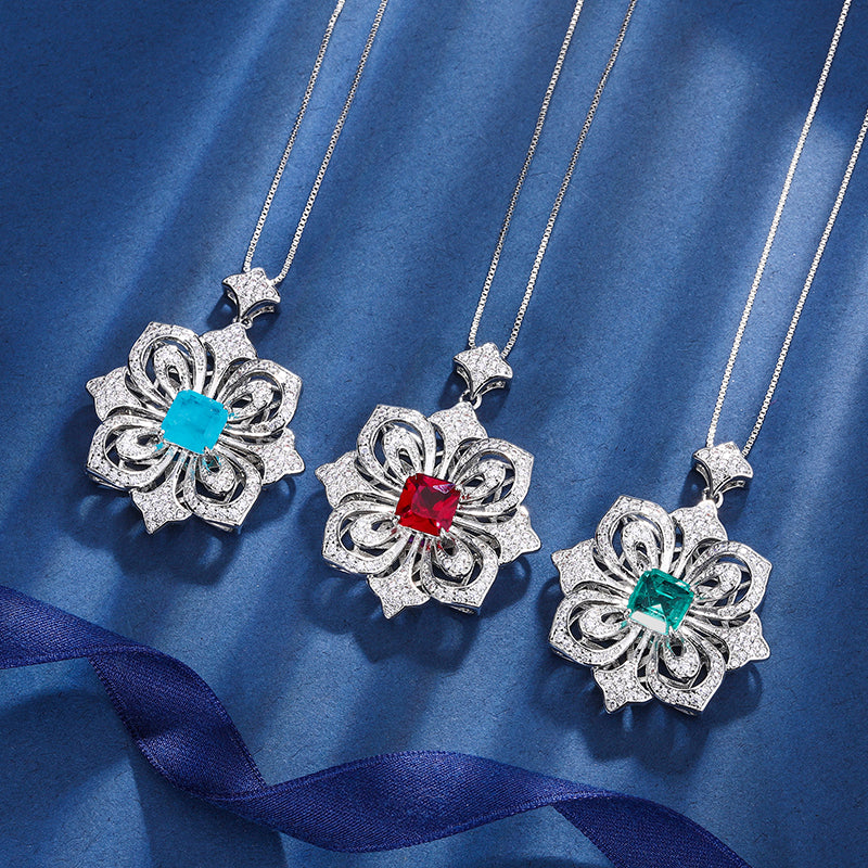 Vintage Camellia Floral Pendant Necklace – Copper-Base Gold-Plated with Square Cubic Zirconia (Ruby, Emerald, Paraiba-Inspired), Art Deco Statement Jewelry