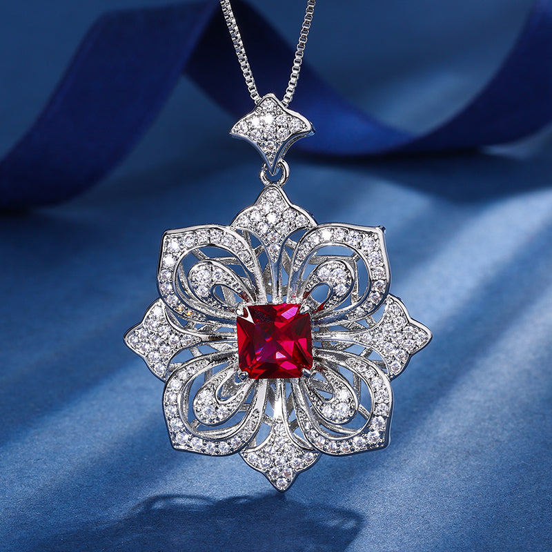 Vintage Camellia Floral Pendant Necklace – Copper-Base Gold-Plated with Square Cubic Zirconia (Ruby, Emerald, Paraiba-Inspired), Art Deco Statement Jewelry