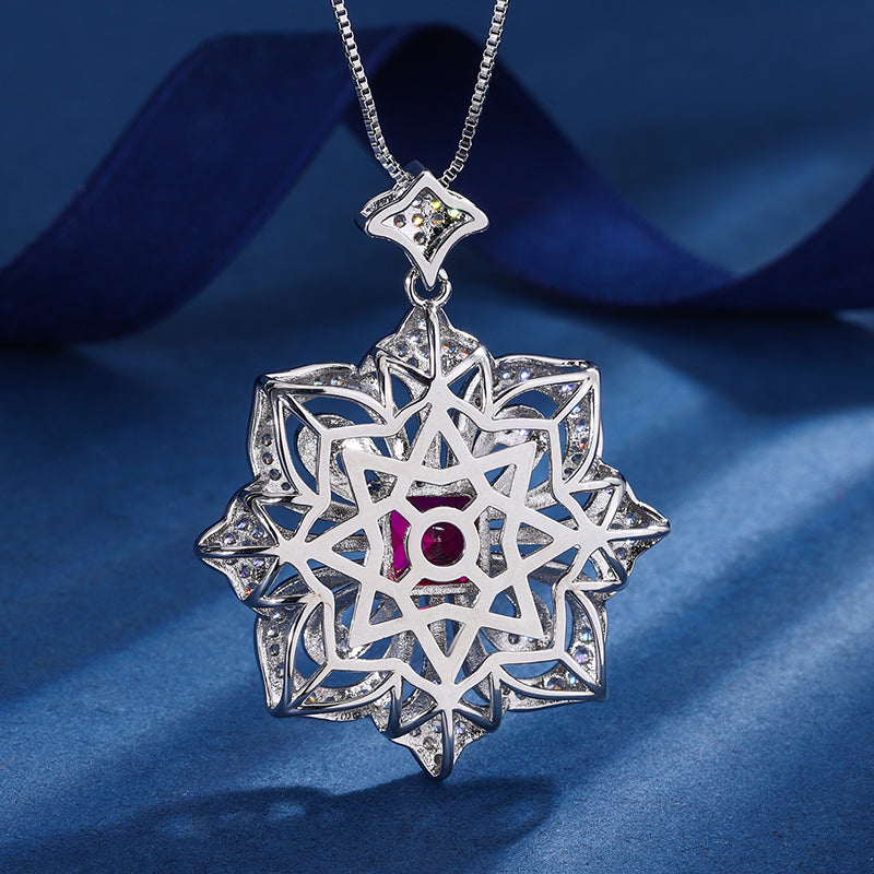 Vintage Camellia Floral Pendant Necklace – Copper-Base Gold-Plated with Square Cubic Zirconia (Ruby, Emerald, Paraiba-Inspired), Art Deco Statement Jewelry