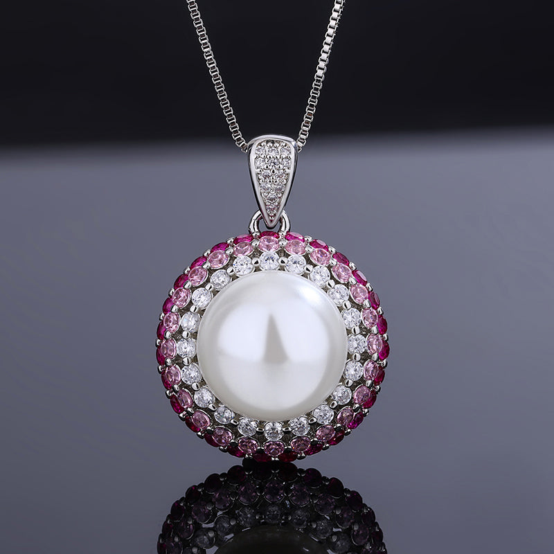 Vintage White Pearl Cocktail Jewelry Set – Gradient Pink-to-Red Gemstones & Pave Zircon Accents, Necklace, Ring, and Earrings Ensemble