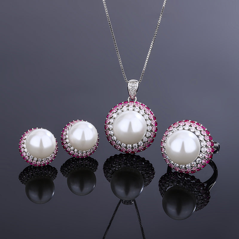 Vintage White Pearl Cocktail Jewelry Set – Gradient Pink-to-Red Gemstones & Pave Zircon Accents, Necklace, Ring, and Earrings Ensemble