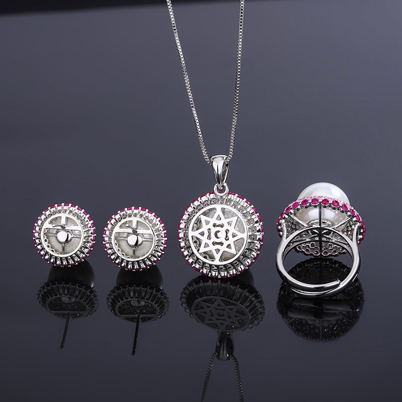 Vintage White Pearl Cocktail Jewelry Set – Gradient Pink-to-Red Gemstones & Pave Zircon Accents, Necklace, Ring, and Earrings Ensemble