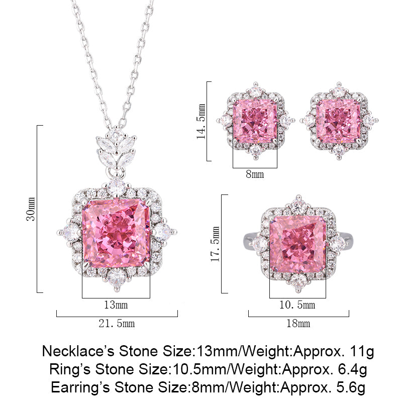 Vintage Ice-Flower Cut High Carbon Diamond Jewelry Set – Copper-Base Gold-Plated with Princess-Cut Pink Simulated Diamond, Necklace, Ring, and Earrings Ensemble, Luxury Statement Jewelry