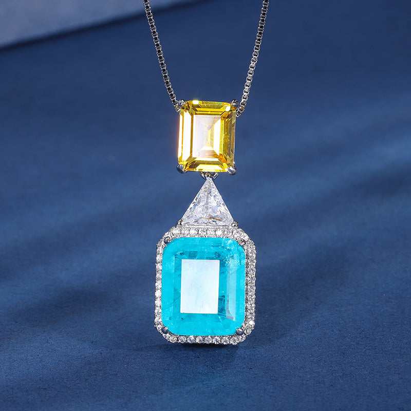 Geometric Two-Tone Cubic Zirconia Jewelry Set – Emerald Green & Sky Blue Options, Necklace & Earrings with Silver-Tone Design