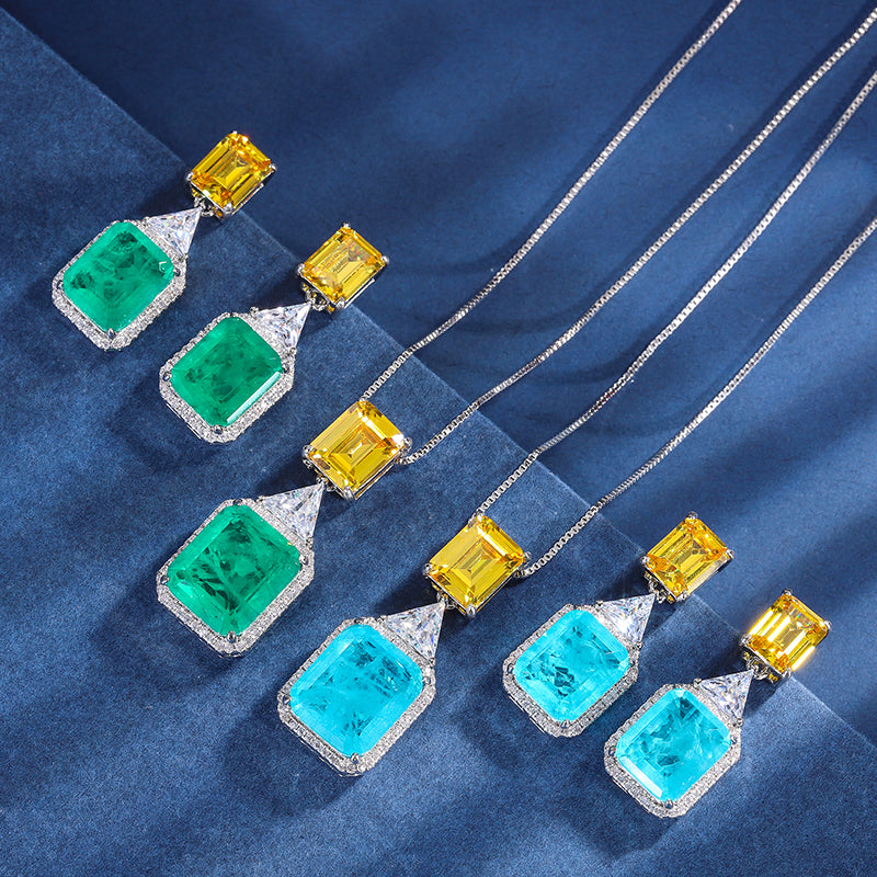 Geometric Two-Tone Cubic Zirconia Jewelry Set – Emerald Green & Sky Blue Options, Necklace & Earrings with Silver-Tone Design