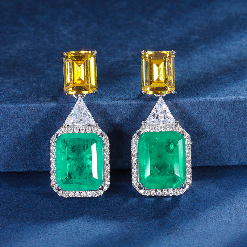 Geometric Two-Tone Cubic Zirconia Jewelry Set – Emerald Green & Sky Blue Options, Necklace & Earrings with Silver-Tone Design