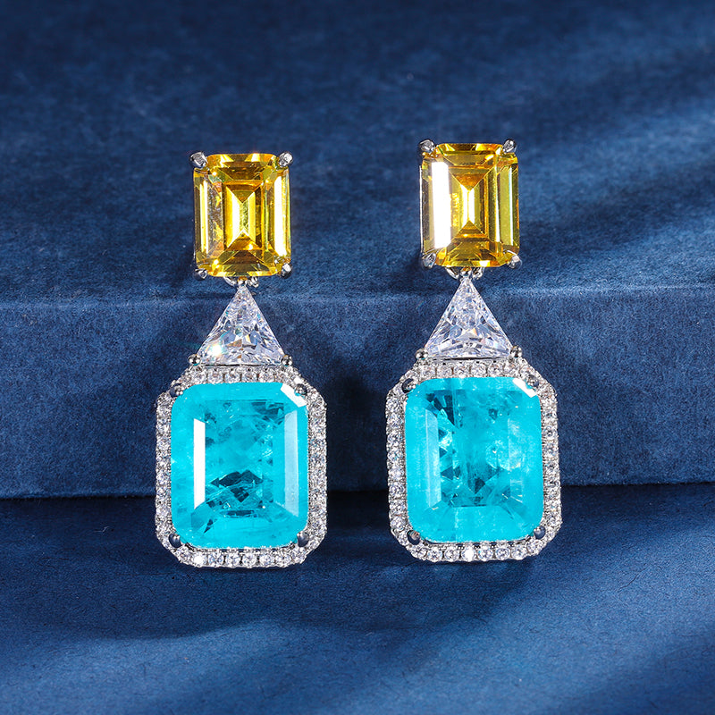 Geometric Two-Tone Cubic Zirconia Jewelry Set – Emerald Green & Sky Blue Options, Necklace & Earrings with Silver-Tone Design