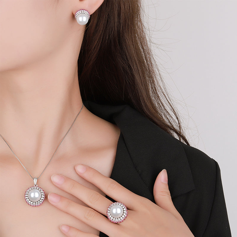 Vintage White Pearl Cocktail Jewelry Set – Gradient Pink-to-Red Gemstones & Pave Zircon Accents, Necklace, Ring, and Earrings Ensemble