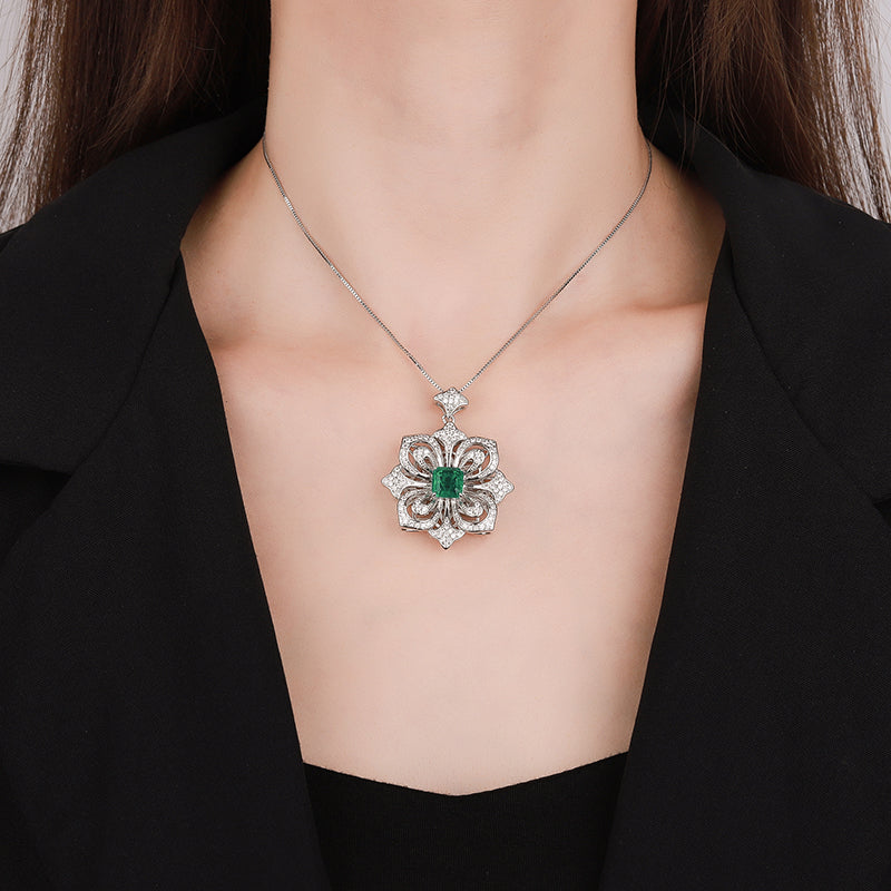 Vintage Camellia Floral Pendant Necklace – Copper-Base Gold-Plated with Square Cubic Zirconia (Ruby, Emerald, Paraiba-Inspired), Art Deco Statement Jewelry