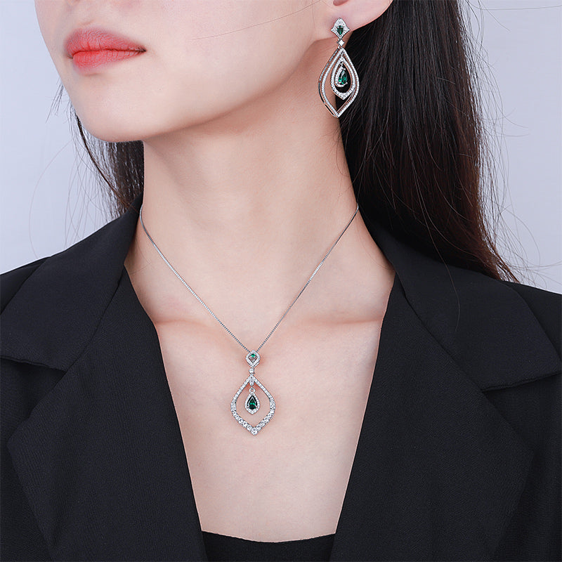 Vintage Teardrop Simulated Gemstone Jewelry Set – Copper-Base Gold-Plated with Zircon Halo, Ruby, Emerald, Sapphire-Inspired, Necklace and Earrings Ensemble