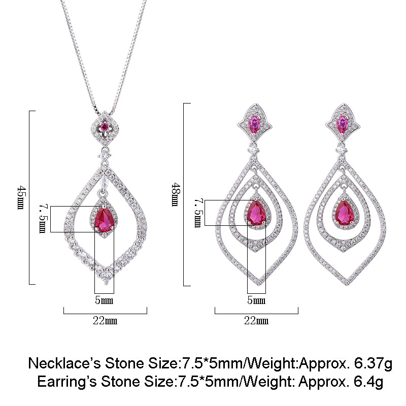 Vintage Teardrop Simulated Gemstone Jewelry Set – Copper-Base Gold-Plated with Zircon Halo, Ruby, Emerald, Sapphire-Inspired, Necklace and Earrings Ensemble