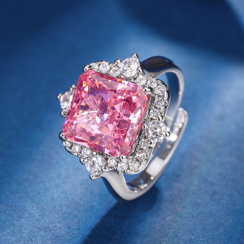 Vintage Ice-Flower Cut High Carbon Diamond Jewelry Set – Copper-Base Gold-Plated with Princess-Cut Pink Simulated Diamond, Necklace, Ring, and Earrings Ensemble, Luxury Statement Jewelry