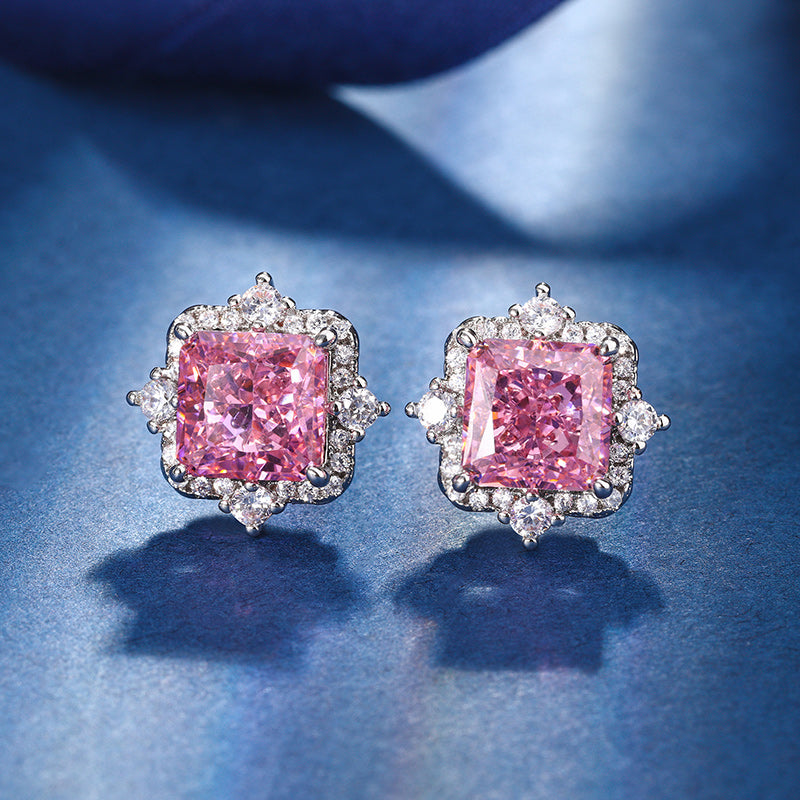 Vintage Ice-Flower Cut High Carbon Diamond Jewelry Set – Copper-Base Gold-Plated with Princess-Cut Pink Simulated Diamond, Necklace, Ring, and Earrings Ensemble, Luxury Statement Jewelry