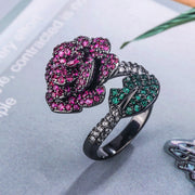 Vintage Rose Flower Ring for Women – Black Plated Copper Alloy with Pink, Green Cubic Zirconia Accents