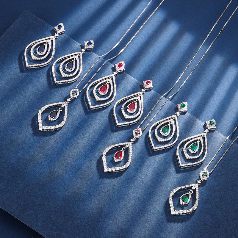 Vintage Teardrop Simulated Gemstone Jewelry Set – Copper-Base Gold-Plated with Zircon Halo, Ruby, Emerald, Sapphire-Inspired, Necklace and Earrings Ensemble