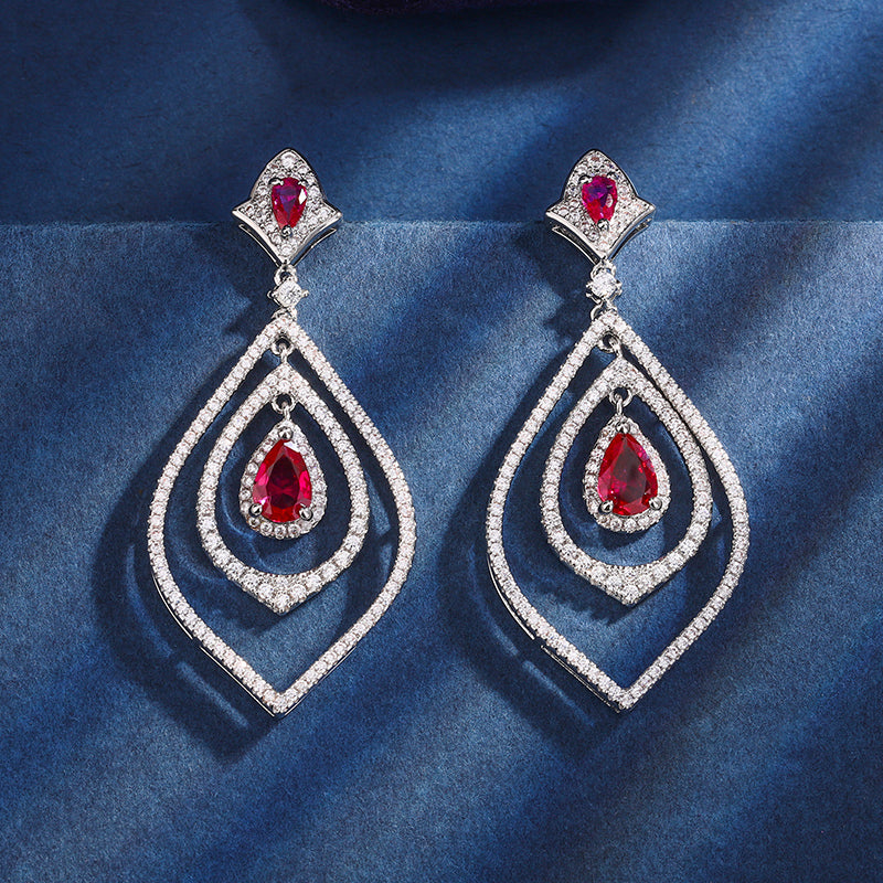 Vintage Teardrop Simulated Gemstone Jewelry Set – Copper-Base Gold-Plated with Zircon Halo, Ruby, Emerald, Sapphire-Inspired, Necklace and Earrings Ensemble