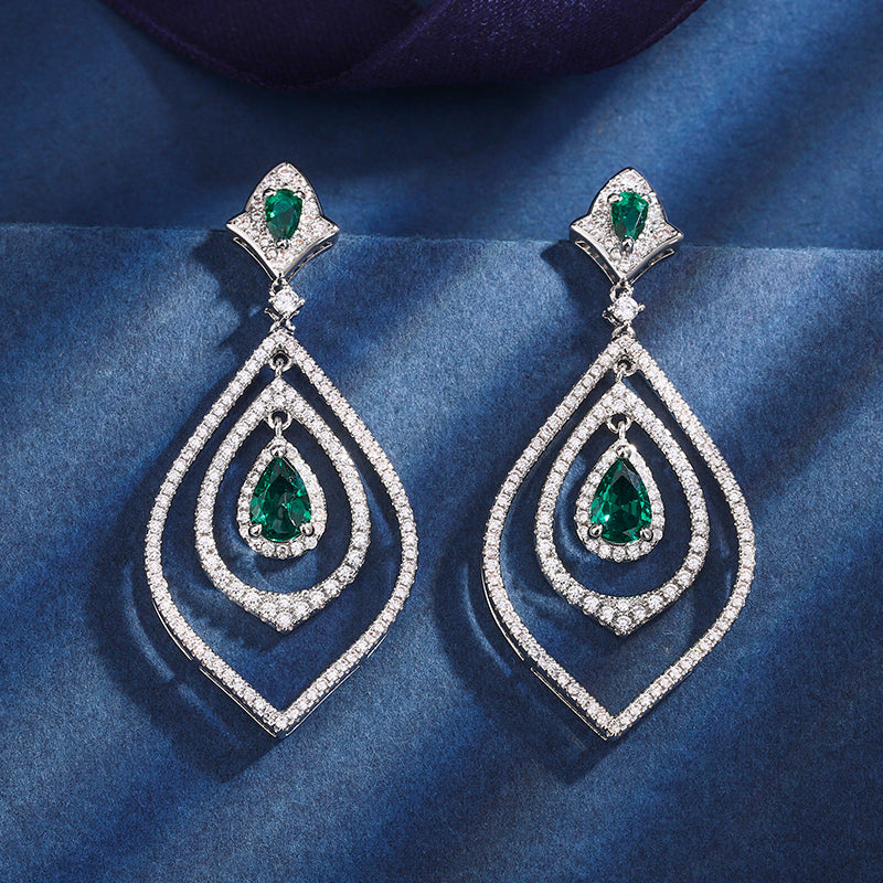 Vintage Teardrop Simulated Gemstone Jewelry Set – Copper-Base Gold-Plated with Zircon Halo, Ruby, Emerald, Sapphire-Inspired, Necklace and Earrings Ensemble