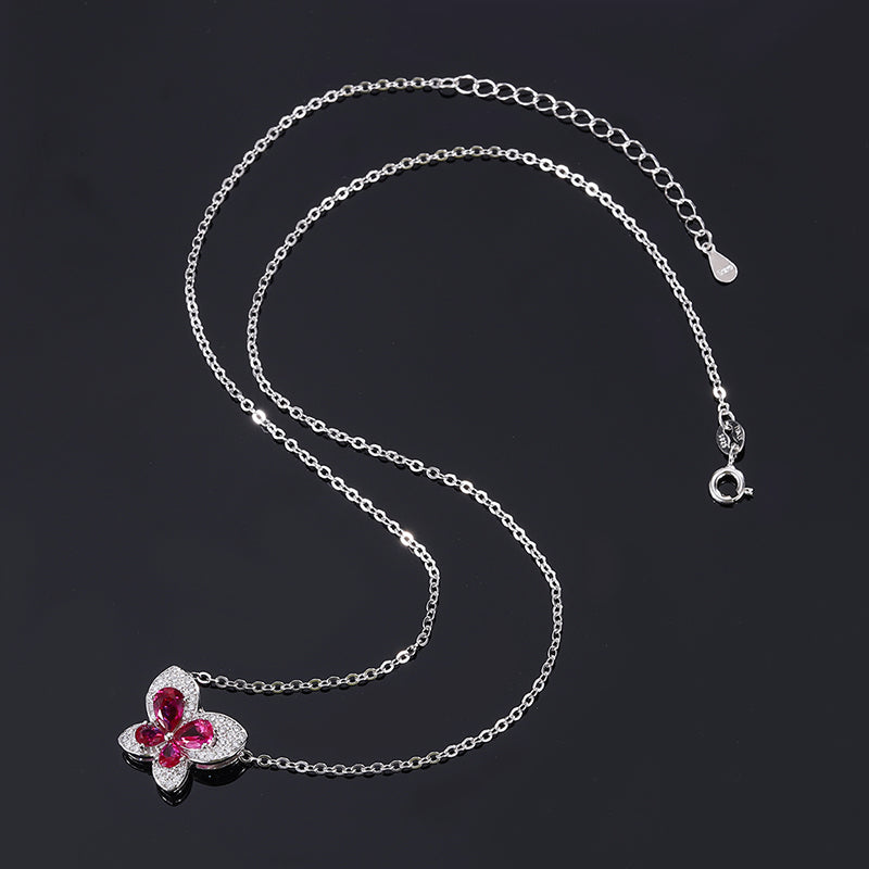 Elegant Butterfly-Shaped Ruby Cubic Zirconia Pendant Necklace for Women – Copper Alloy Chain with Sparkling Design