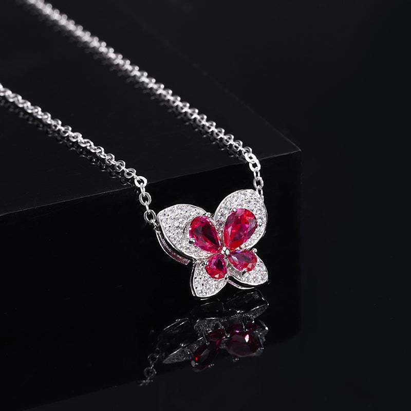 Elegant Butterfly-Shaped Ruby Cubic Zirconia Pendant Necklace for Women – Copper Alloy Chain with Sparkling Design