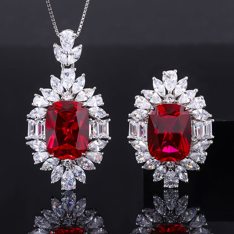 Vintage Red Zircon Jewelry Set - Statement Ring & Pendant Necklace with Cubic Zirconia, Copper Base Luxury Jewelry for Women-Y425