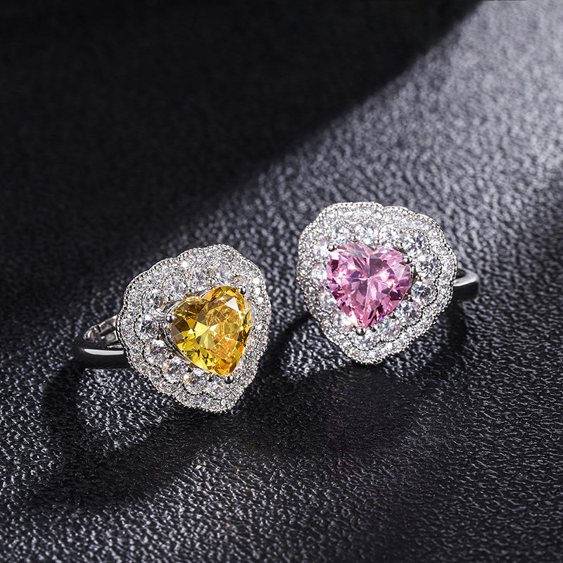 Heart-Shaped Zircon Ring for Women - Pink & Yellow Options, Copper Base with Cubic Zirconia, Vintage Statement Jewelry-ZS173