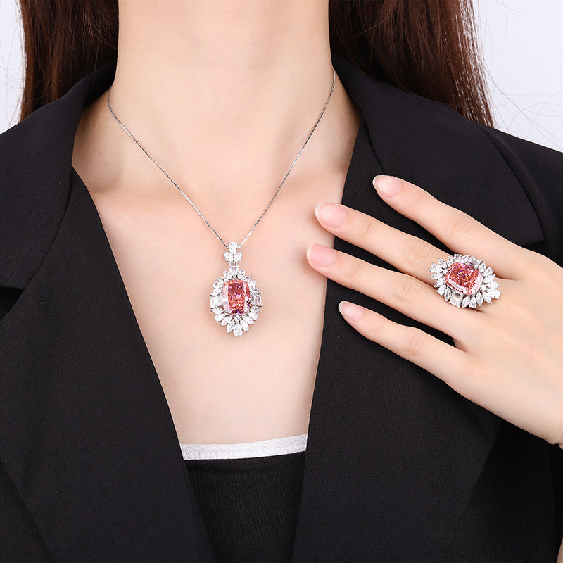 Vintage Papaya Blush Jewelry Set - Statement Ring & Pendant Necklace with Cubic Zirconia, Copper Base Luxury Jewelry for Women
