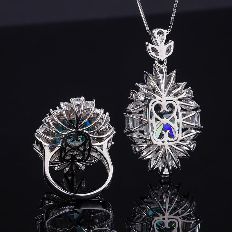 Vintage Teal Zircon Jewelry Set - Statement Ring & Pendant Necklace with Cubic Zirconia, Copper Base Luxury Jewelry for Women