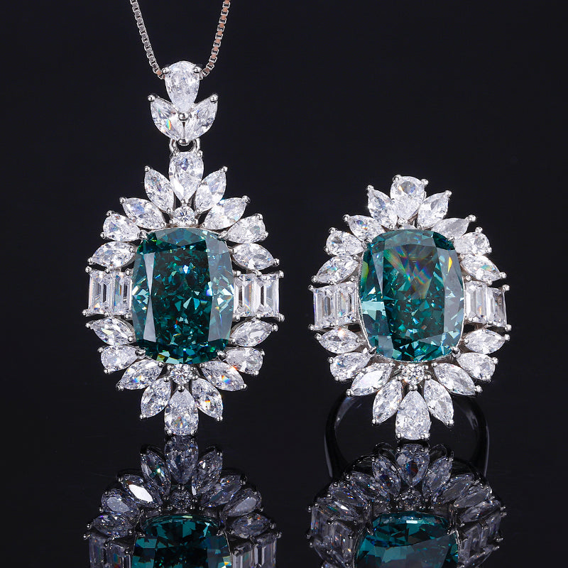 Vintage Teal Zircon Jewelry Set - Statement Ring & Pendant Necklace with Cubic Zirconia, Copper Base Luxury Jewelry for Women