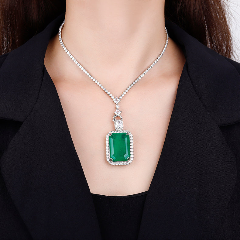 Vintage-Inspired Emerald-Cut Gemstone Pendant Necklace – Copper-Base Gold-Plated with Cubic Zirconia Halo, Statement Luxury Jewelry