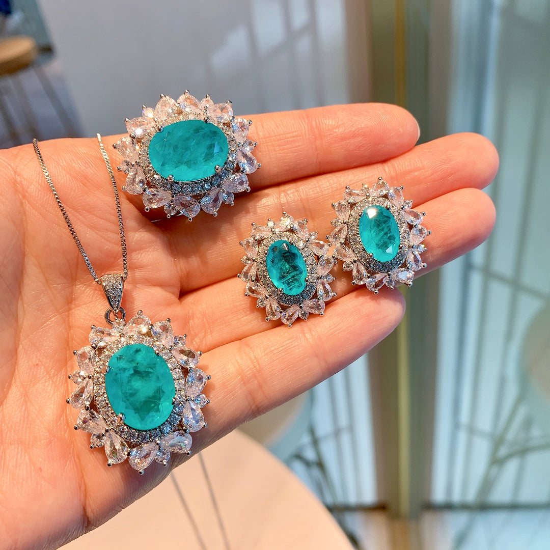 Neon Blue-Green Paraiba Tourmaline-Inspired Jewelry Set – Necklace, Ring & Earrings with Silver-Tone Floral Design