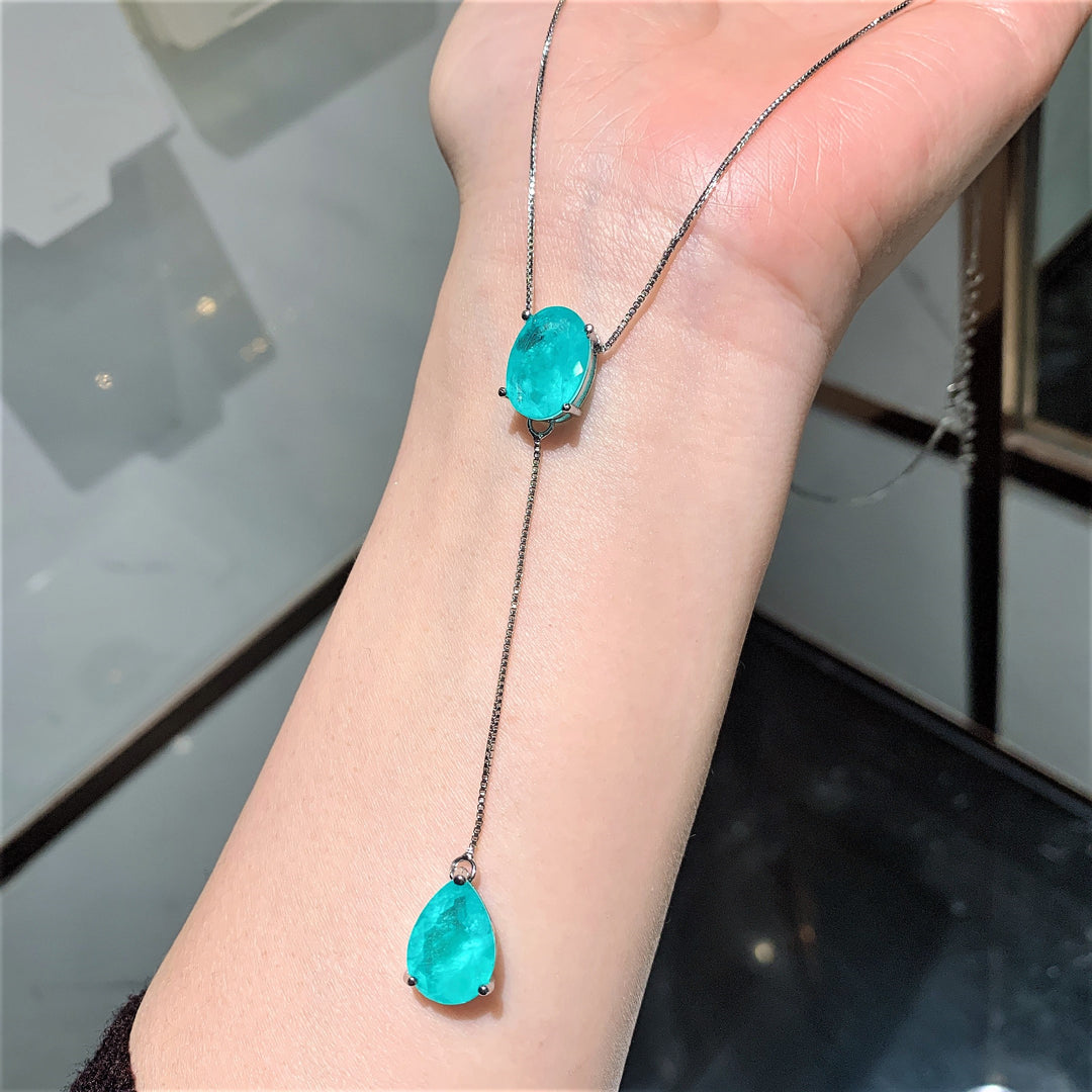 Neon Blue-Green Paraiba Tourmaline-Inspired Drop Jewelry Set – Y-Necklace & Dangle Earrings with Silver-Tone Design