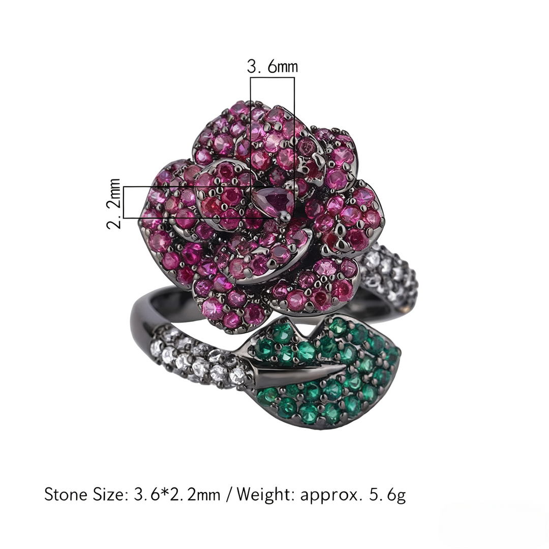 Vintage Rose Flower Ring for Women – Black Plated Copper Alloy with Pink, Green Cubic Zirconia Accents