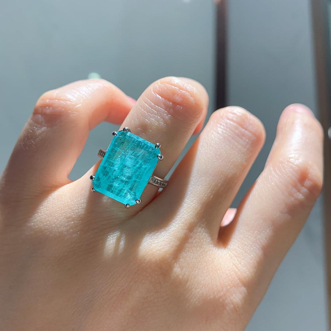 Statement Emerald-Cut Cocktail Ring – Neon Paraiba Blue-Green & Golden Yellow Options with Silver-Tone Design