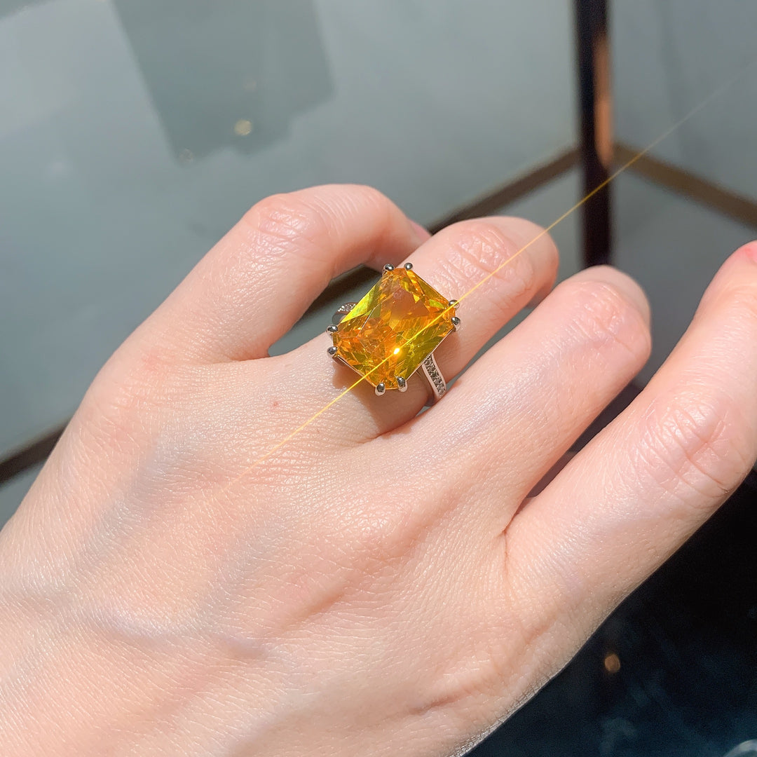 Statement Emerald-Cut Cocktail Ring – Neon Paraiba Blue-Green & Golden Yellow Options with Silver-Tone Design