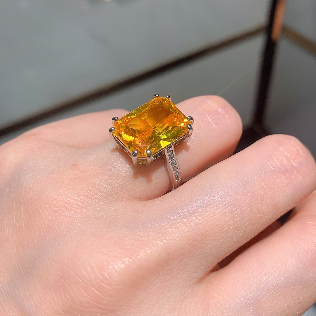 Statement Emerald-Cut Cocktail Ring – Neon Paraiba Blue-Green & Golden Yellow Options with Silver-Tone Design