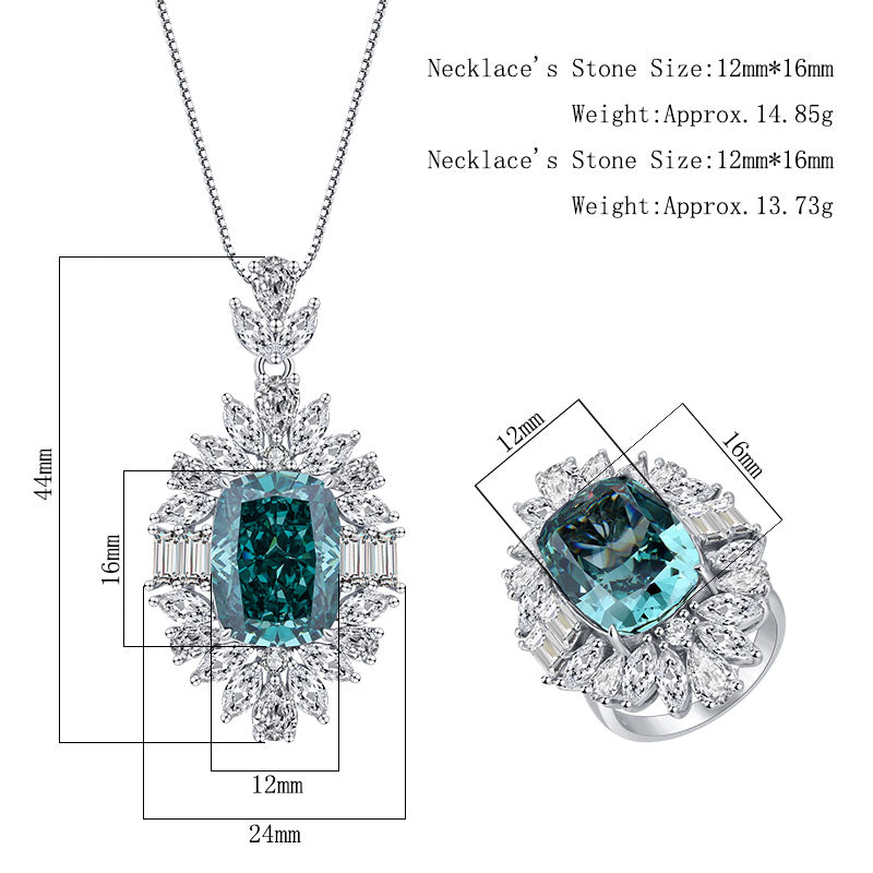 Vintage Teal Zircon Jewelry Set - Statement Ring & Pendant Necklace with Cubic Zirconia, Copper Base Luxury Jewelry for Women