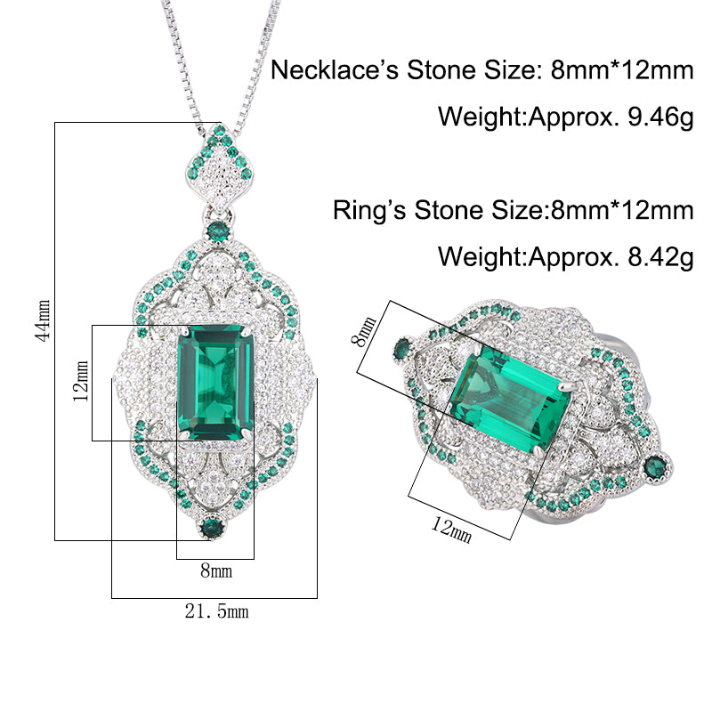 Vintage Art Deco Gemstone Jewelry Set – Ruby, Emerald, and Sapphire-Inspired Cubic Zirconia with Silver-Tone Floral Halo, Pendant Necklace and Ring Ensemble