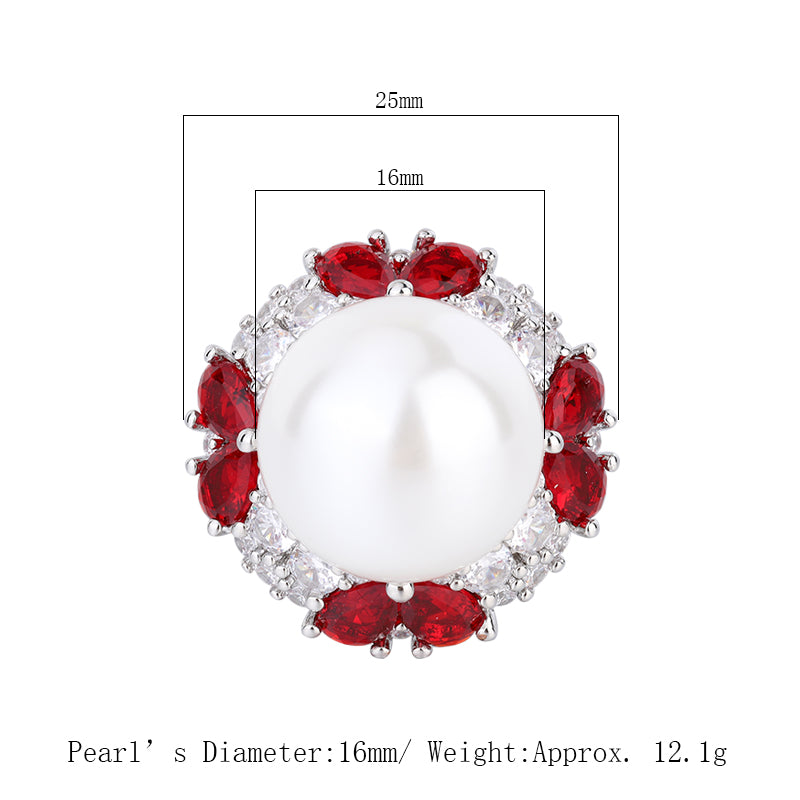 Opulent Pearl & Colored CZ Statement Ring – Retro-Inspired Design with Silver-Tone Finish, Available in Red, Blue, Green