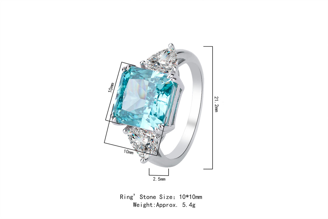 Vintage Asscher-Cut Blue Topaz Cubic Zirconia Ring – Statement Silver-Tone Design with Trillion Accents