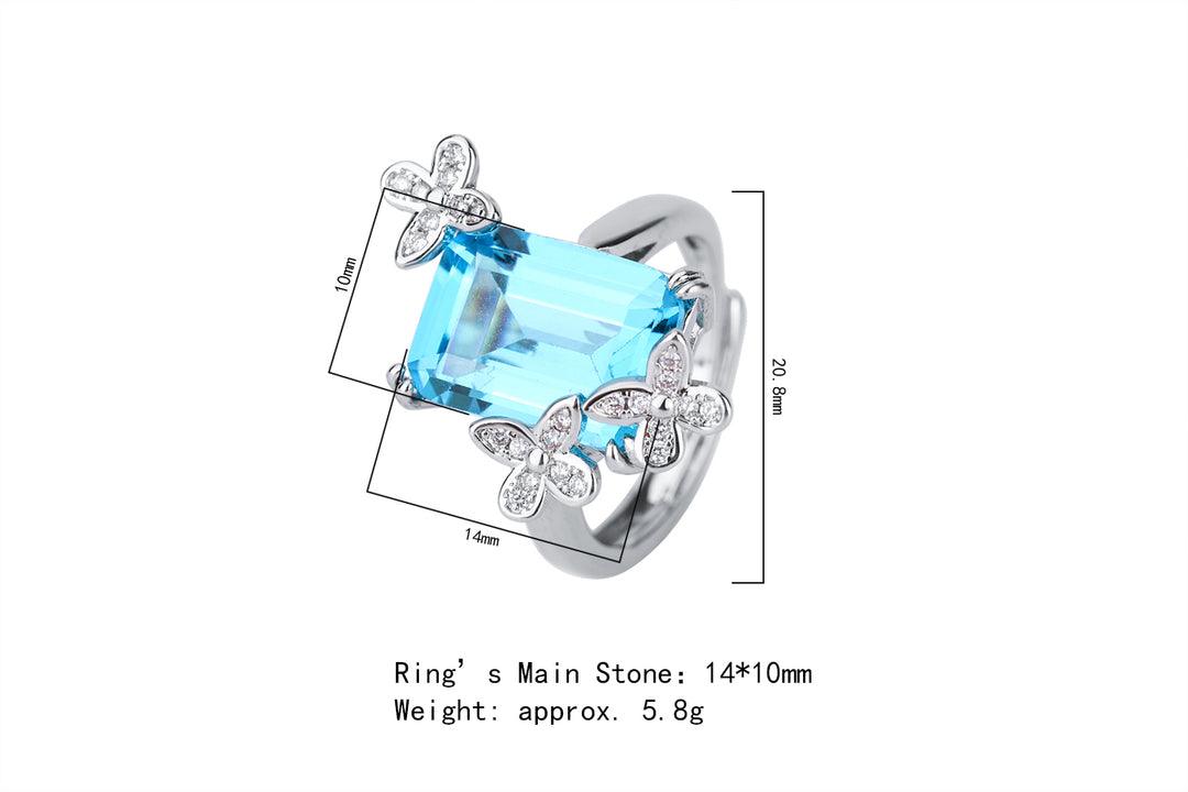Elegant Blue Topaz Ring with Floral Diamond Accents – Sterling Silver Adjustable Ring for Women