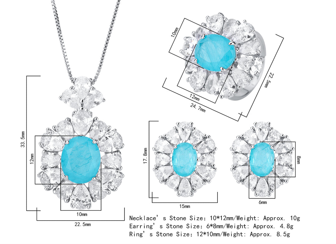 Light Blue Oval Cubic Zirconia Jewelry Set – Ring, Necklace & Earrings with Silver-Tone Design, Floral Halo Detail